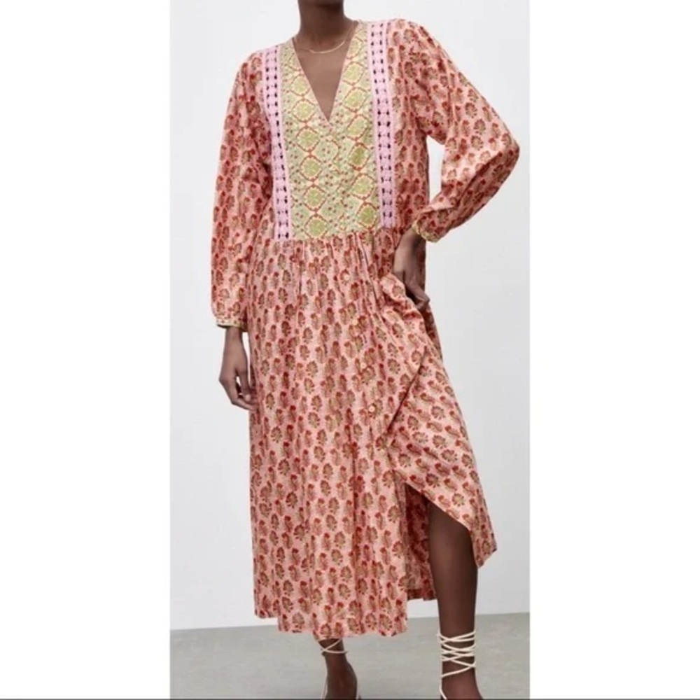 NWOT ZARA The Rosie Dress Pale Pink Crochet Floral Print Long Sleeve Boho